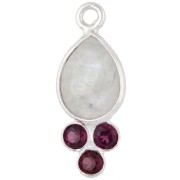 Pendente a goccia 18x7 mm con pietra semipreziosa, placcato in argento fino - Pietra di luna e granato