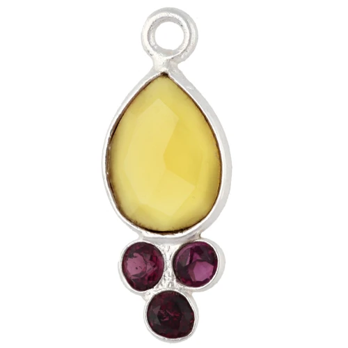Pendente a goccia 18x7 mm con pietra semipreziosa, placcato in argento fino, calcedonio giallo e granato