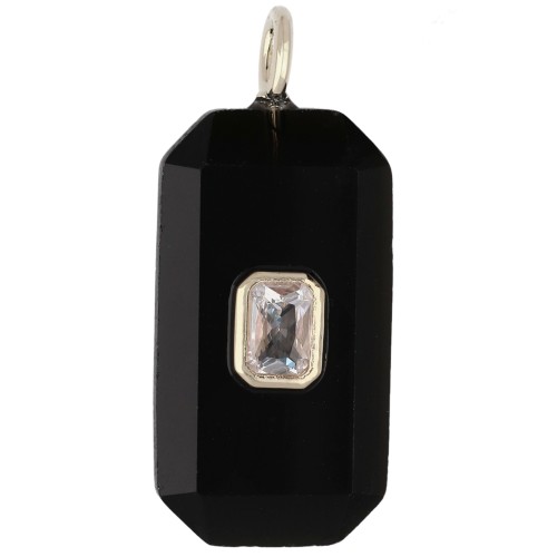 Pendente rettangolare 34x15 mm con pietra semipreziosa e zirconi - Onice nero - Giallo o cristallo