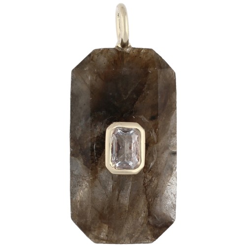 Pendente rettangolare 34x15 mm con pietra semipreziosa e zirconi - Labradorite - Giallo o Cristallo