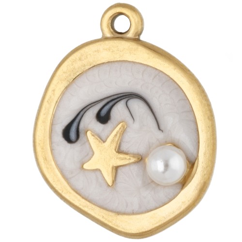 Ciondolo rotondo di forma irregolare 20x16 mm - motivo a stella - Acciaio inossidabile 304 Dorato - Bianco
