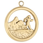 Ciondolo rotondo da 15 mm - motivo: runner in montagna - Acciaio inossidabile 316 Dorato x1
