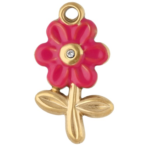 Ciondolo a forma di fiore 18,5x10 mm con strass e resina epossidica - Acciaio inossidabile 304 Dorato - Rosa