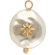 Pendente rotondo irregolare effetto madreperla con stella, 17x12 mm, bianco - Dorato con oro fino x1