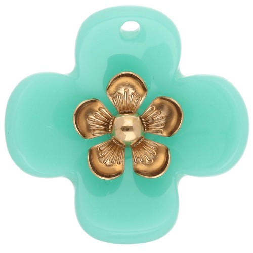Pendenti a forma di fiore da 26 mm in acrilico - Acciaio inossidabile dorato - Turchese x2