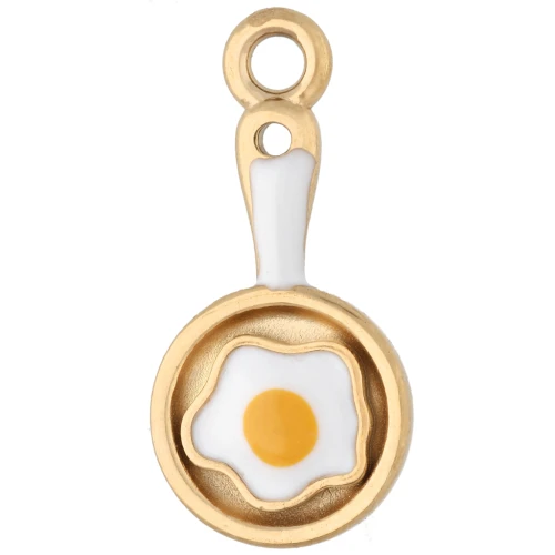 Pendente a forma di padella e uovo all'occhio di bue 21x10 mm - Acciaio inossidabile 304 Dorato - Bianco - Giallo