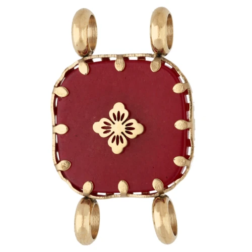 Distanziatore quadrato da 15 mm con motivo floreale - Acciaio inossidabile 304 Dorato - Agata rossa colorata