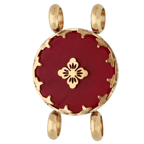 Distanziatore rotondo da 15 mm con motivo floreale - Acciaio inossidabile 304 Dorato - Agata rossa colorata