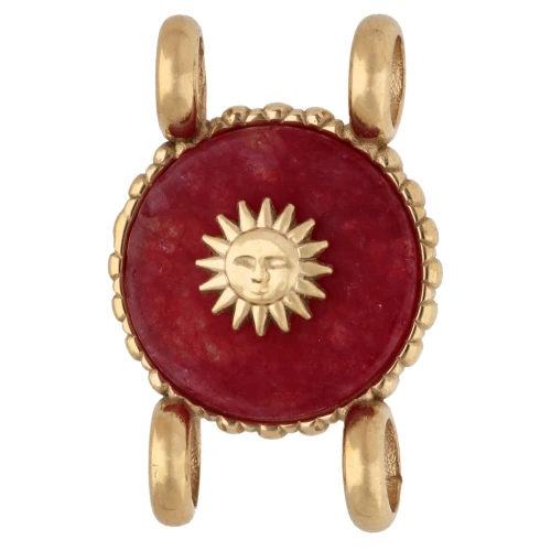 Distanziatore rotondo da 14 mm con motivo a sole - Acciaio inossidabile 304 Dorato - Agata rossa colorata