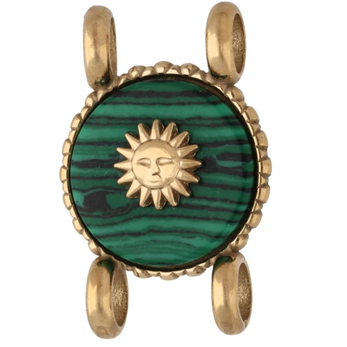 Distanziatore rotondo da 14 mm con motivo a sole - Acciaio inossidabile 304 Dorato - effetto malachite