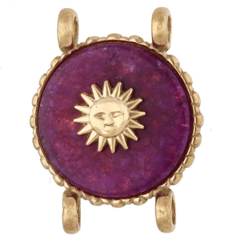 Distanziatore rotondo da 14 mm con motivo a sole, acciaio inossidabile 304 Dorato - Agata viola colorata