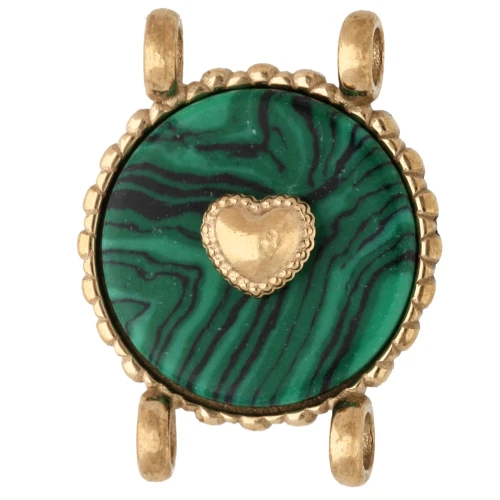 Distanziatore rotondo da 14 mm con motivo a cuore - Acciaio inossidabile 304 Dorato - effetto malachite