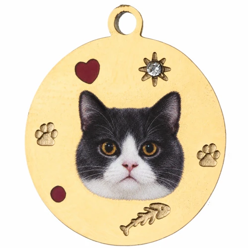 Ciondolo rotondo da 15 mm con stampa UV a forma di testa di gatto - Acciaio inossidabile 304 Dorato