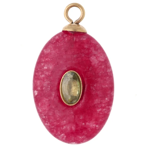 Pendente ovale 22x13 mm con CZ verde e pietra colorata rosa granato; acciaio inossidabile 304 Dorato