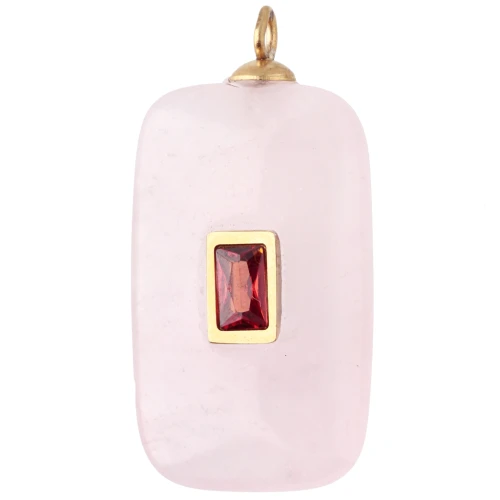 Pendente rettangolare 30x15 mm con CZ rosso e quarzo rosa, acciaio inossidabile 304 Dorato