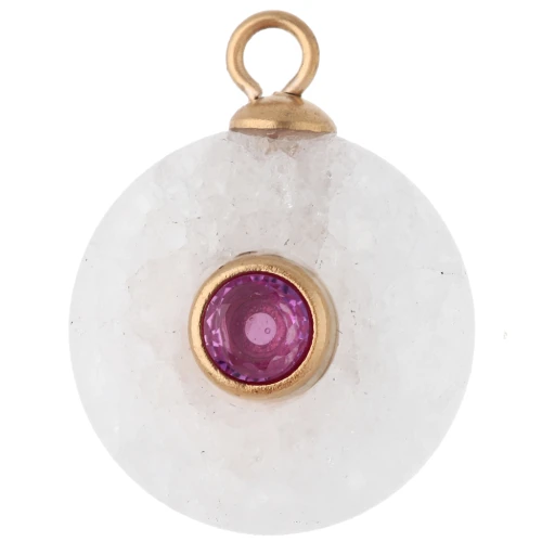 Ciondolo rotondo da 15 mm con zirconi rosa e pietra semipreziosa agata - Acciaio inossidabile 304 Dorato