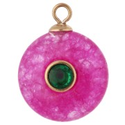 Ciondolo rotondo da 15 mm con zirconi verdi e pietra colorata in calcedonio rosa; acciaio inossidabile 304 Dorato