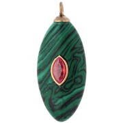 Pendente a navetta 29x12 mm con CZ rosse e imitazione malachite, acciaio inossidabile 304 Dorato