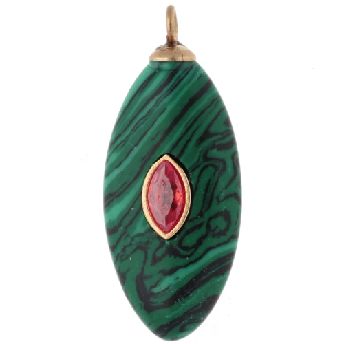 Pendente a navetta 29x12 mm con CZ rosse e imitazione malachite, acciaio inossidabile 304 Dorato