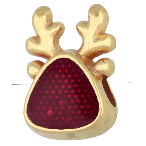 Perla a forma di testa di renna 10,5x7 mm in resina epossidica - Dorata con oro fino - Rossa