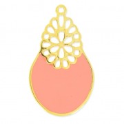 Pendente ovale decoraz. fiore resina eposs.  36mm Light Coral/Dorato con oro fino x1|raw }}