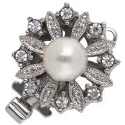 Chiusura a clip rotonda con perla perlata e strass da 14,5 mm - Bronzo bianco x1
