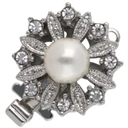 Chiusura a clip rotonda con perla perlata e strass da 14,5 mm - Bronzo bianco x1