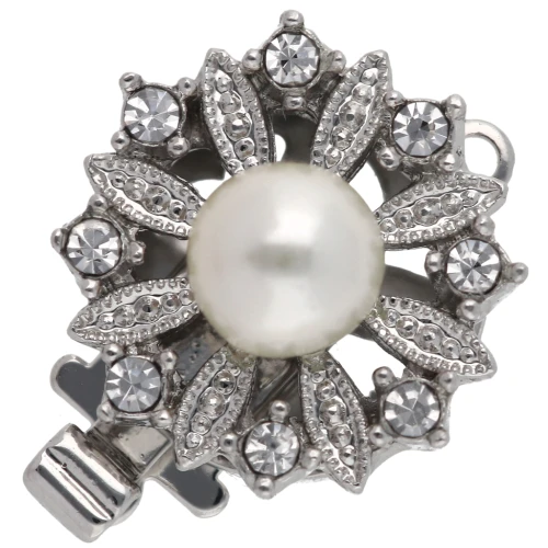 Chiusura a clip rotonda con perla perlata e strass da 14,5 mm - Bronzo bianco x1