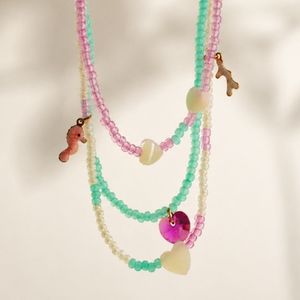 collier rocailles rose poudré et teal
