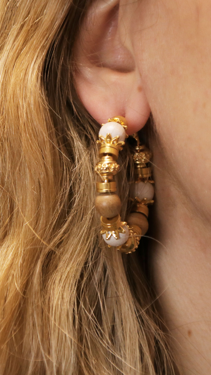 Schema Orecchini creoli traforati con perle di legno e perle dorate