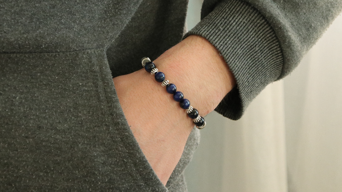 Schema Bracciale elastico da uomo con perle di pietre preziose occhio di tigre blu