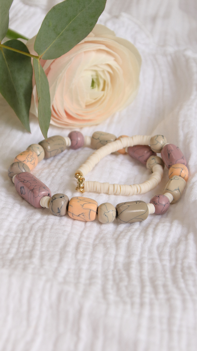 Schema Collana fai da te in argilla polimerica imitazione howlite perline pastello Schema Collana fai da te in argilla polimerica imitazione howlite perline pastello