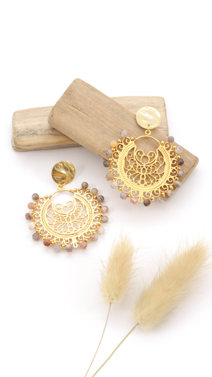 Schema Orecchini Gipsy in oro con tutorial sulle agate del Botswana