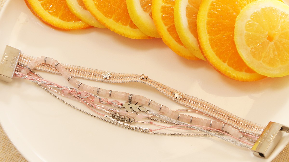 Bracciale in quarzo rosa e acciaio inossidabile con chiusura Hiilos