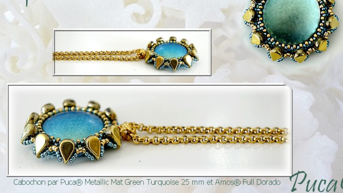 Schema Ciondolo Betty con perle di vetro Amos e cabochon di Puca Schema Ciondolo Betty con perle di vetro Amos e cabochon di Puca