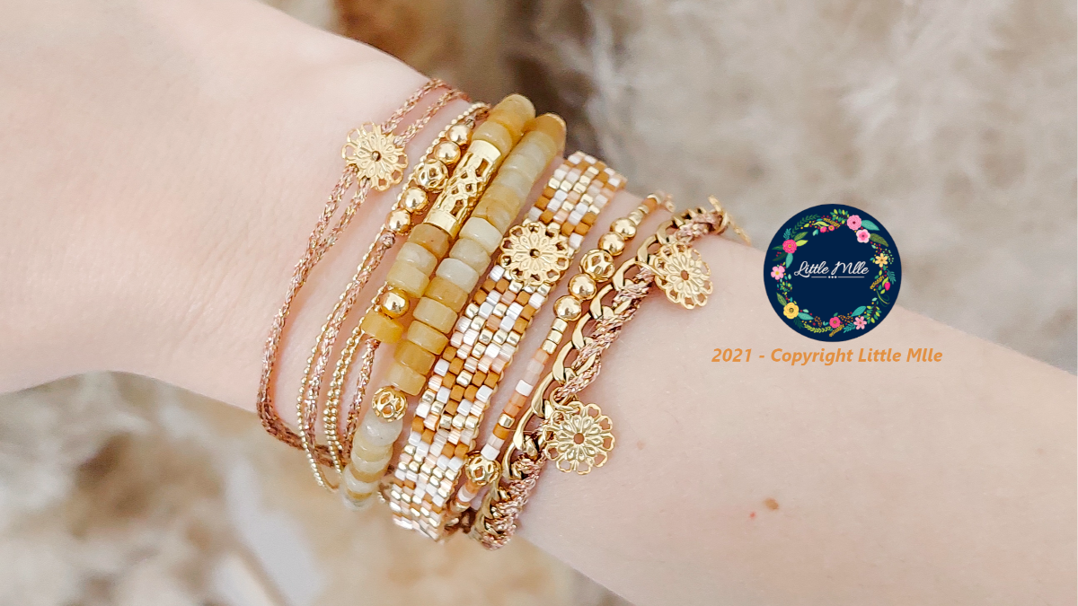 Braccialetto a più file effetto impilamento in agata tinta Topaz e perline Miyuki con chiusura Hiilos