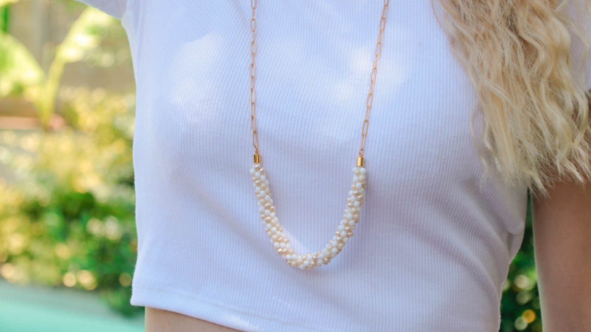 Schema DIY Catena lunga e perline tecnica kumihimo intrecciata