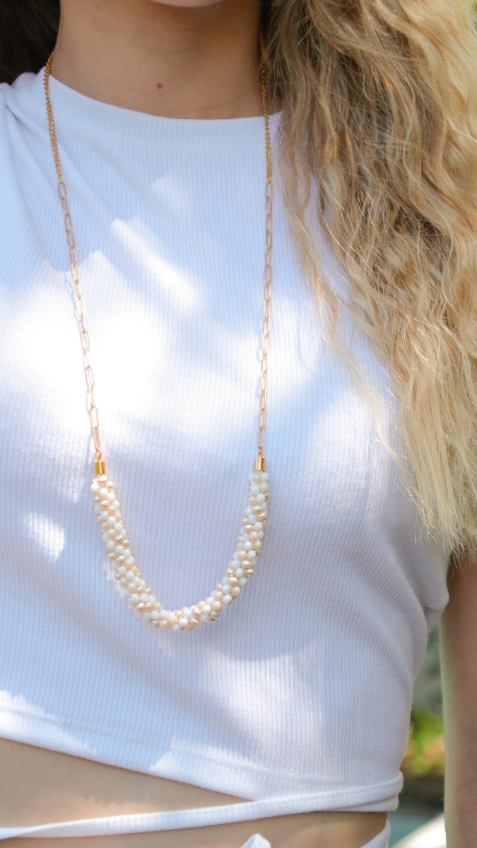 Schema DIY Catena lunga e perline tecnica kumihimo intrecciata