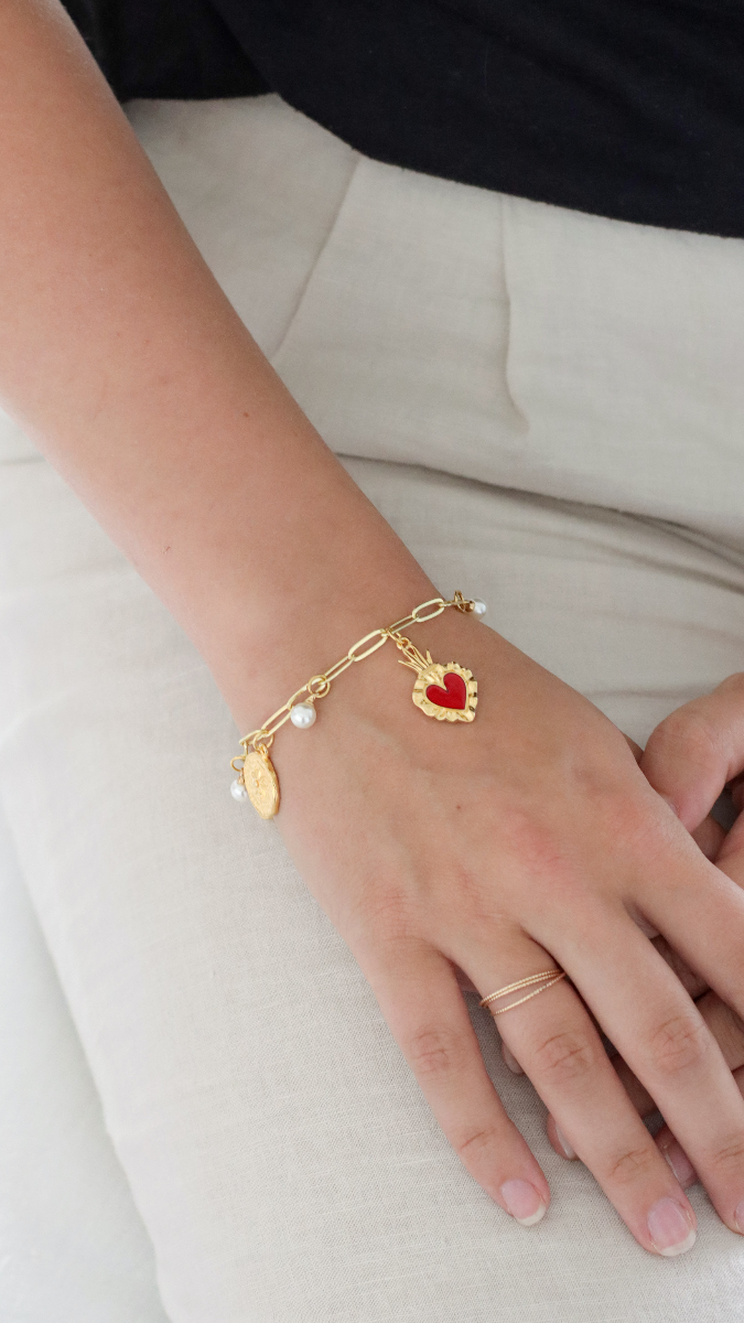 Schema DIY gioielli ispirazione bracciale Ex-voto messicano cuore e charms gri-gri