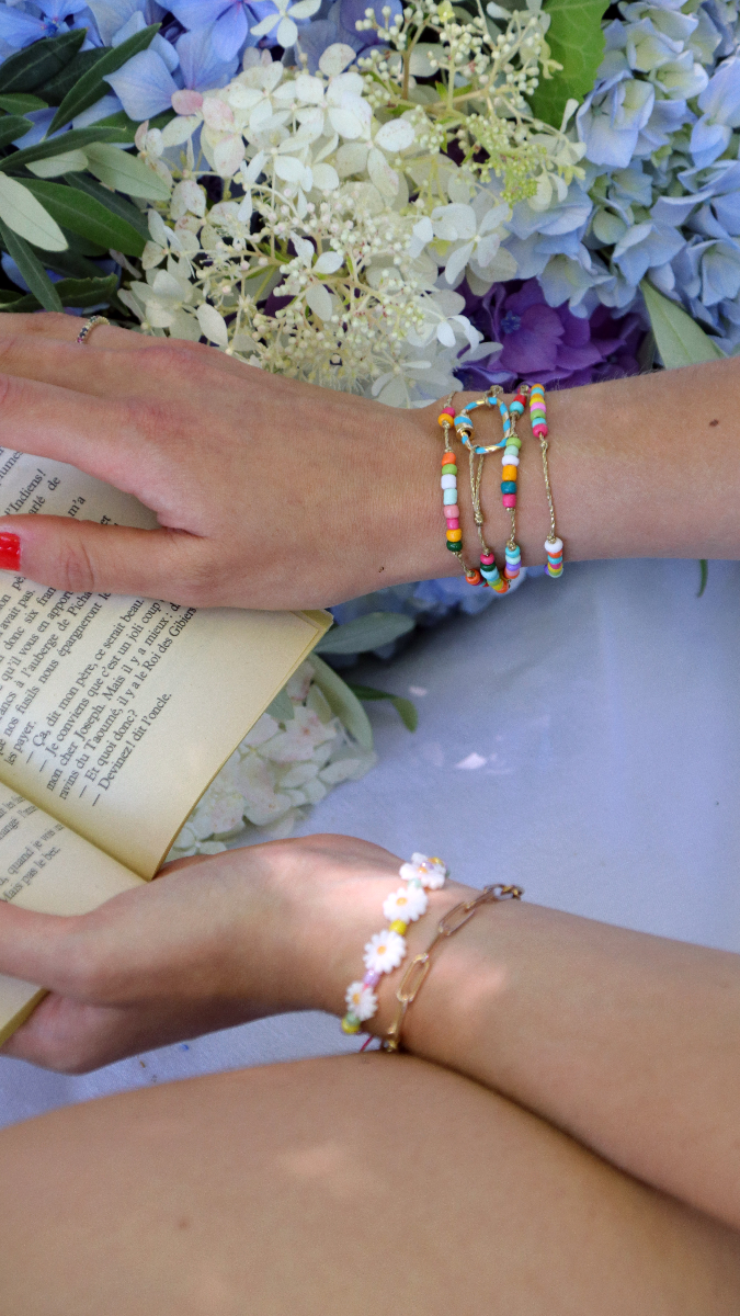 Schema Bracciale fai da te con margherite, perline 6/0 e nodo scorrevole