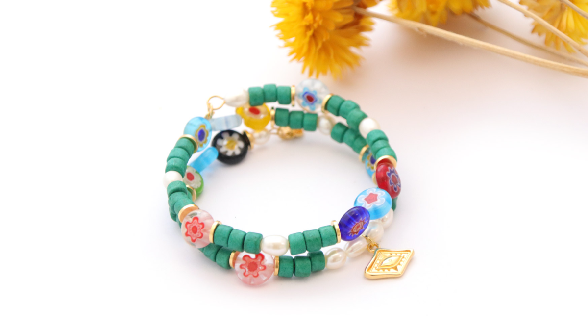 Bracciale multigiro perline Millefiori e heishi in ceramica