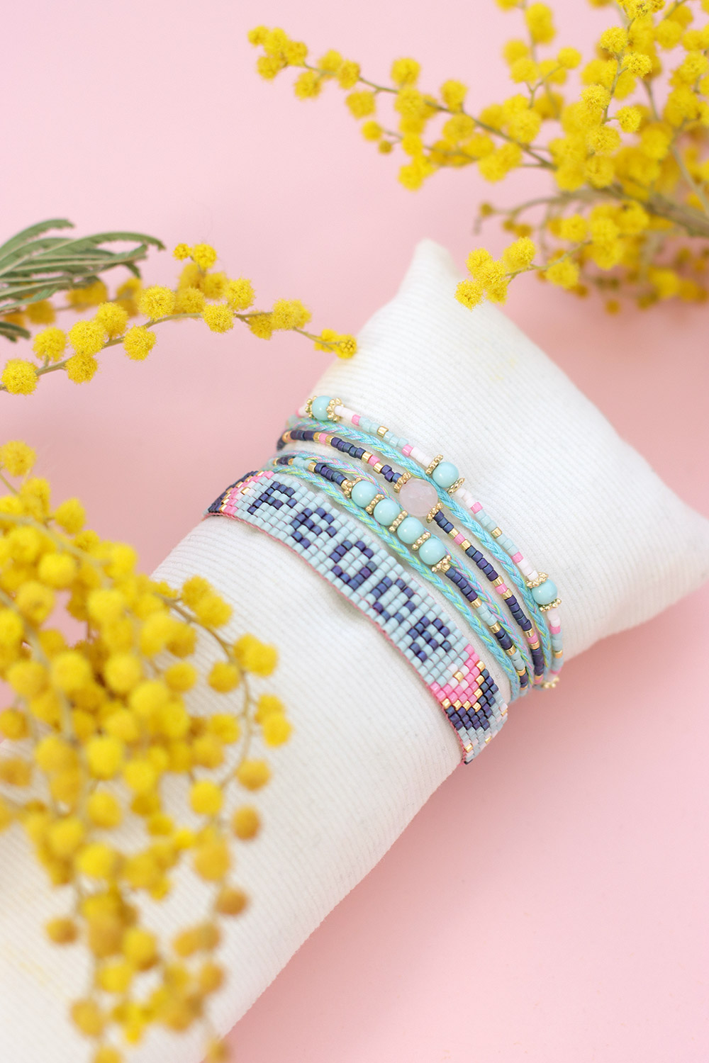 Bracciale Hiilos Multirang Miyuki rosa e turchese con chiusura intercambiabile