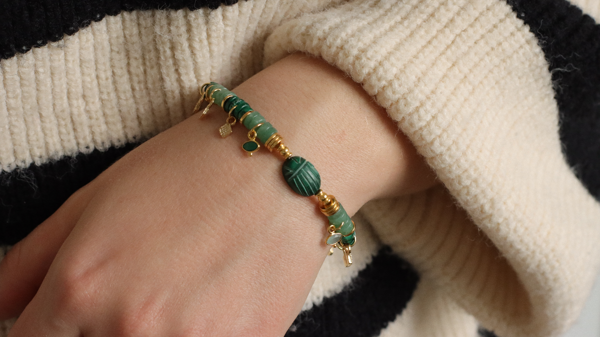 Bracciale scarabeo in malachite e avventurina heishi