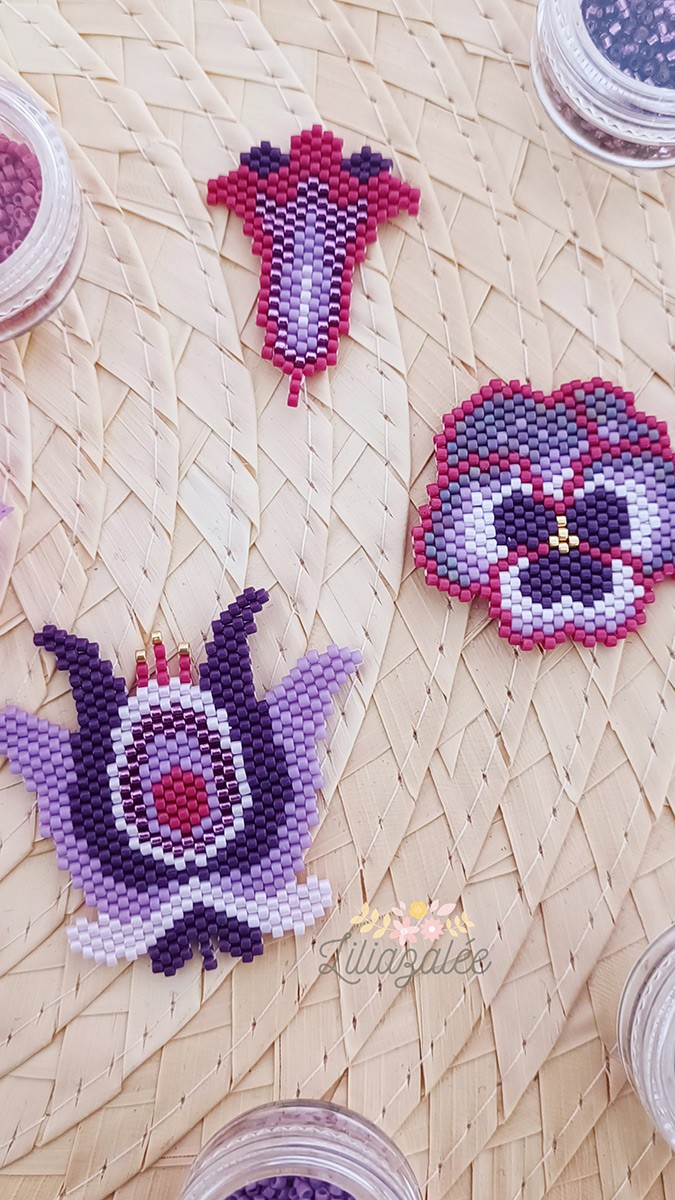 Tessitura fai da te di fiori di viola del pensiero con perline Miyuki tecnica brickstitch