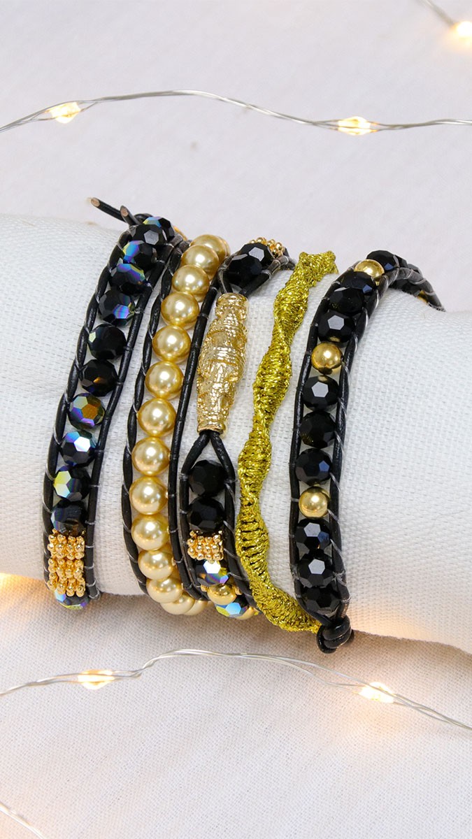 Bracciale a 5 giri e macramè con cristalli puri, miyuki, anello d'oro e distanziatori