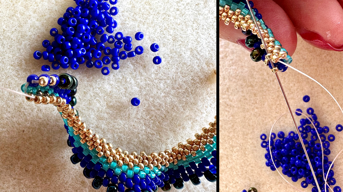 Orecchini pendenti Cellini con trama peyote piatta a effetto spirale : Tappa 8