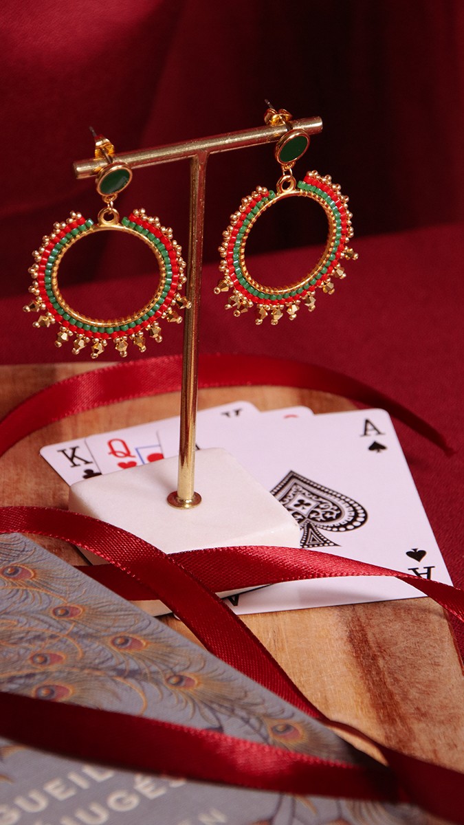 Boucles d'oreilles soleil en perles Miyuki rouges et vertes