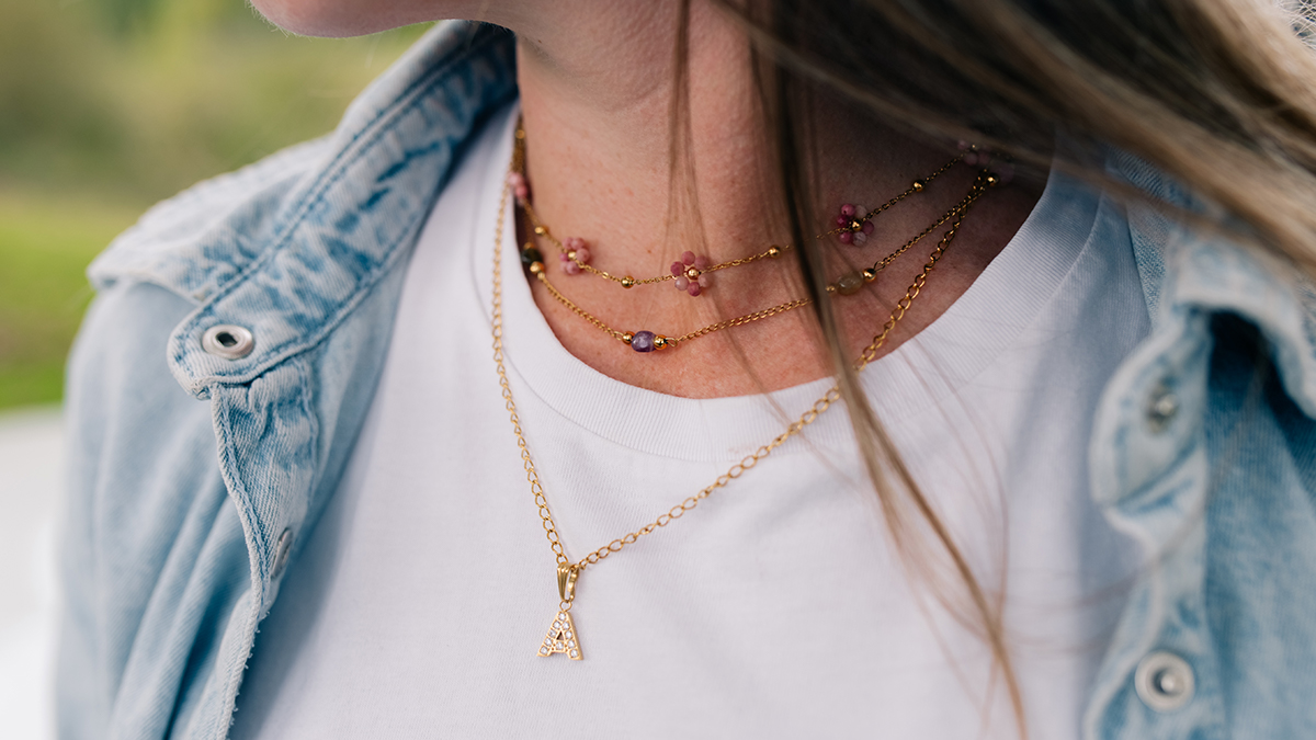 Schema Collane con pietre naturali e charm a forma di lettera