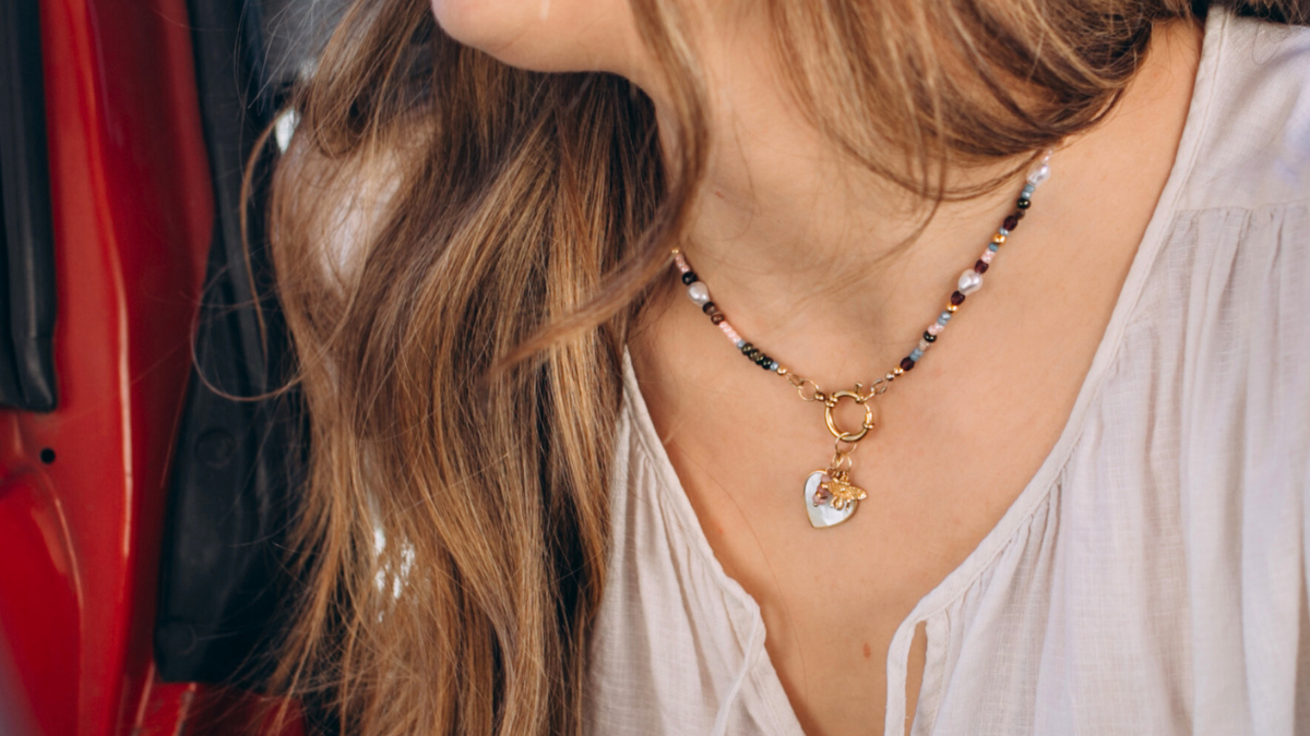 Schema DIY Collana di perle in acciaio inossidabile, chiusura e pendente a forma di cuore