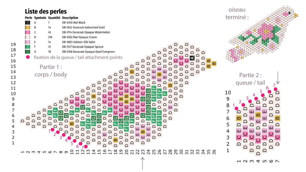 Schema Spilla a forma di uccello Miyuki a punto mattone
